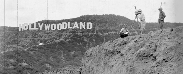 black and white photo of Hollywood Sign location in the hills